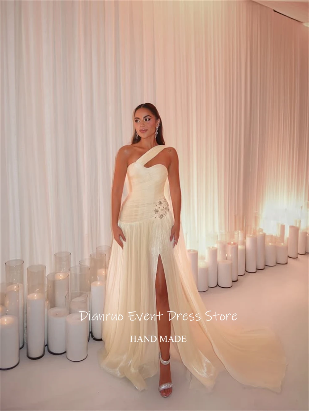 Dianruo فساتين سهرة غير متناظرة على شكل حرف A بفتحة جانبية من الشيفون فساتين حفلات صدر مكشكشة طول الأرض رداء De Soirée مخصص