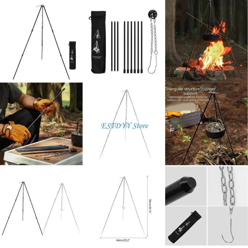 

G6DE Campfire Cooking Tripod Set Adjustable Hanging Camping Tripod for Outdoor Camping Cooking Hanger with Storage Bag