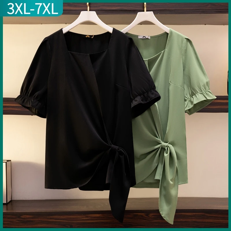 

New 2023 Ladies Summer Plus Size Tops For Women Large Blouse Short Sleeve Loose Green Bow Designer Shirt 3XL 4XL 5XL 6XL 7XL