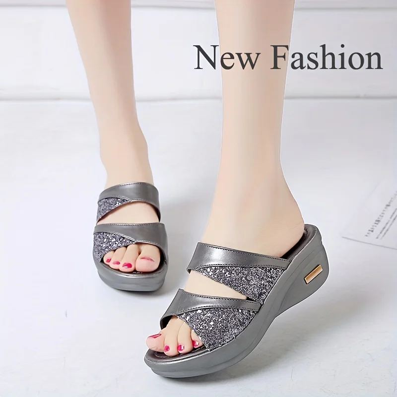 Letnie złote sandały z odkrytymi palcami brokatowe koturny buty damskie na co dzień slide buty Slingbacks sandały wygodne platformy dla kobiety