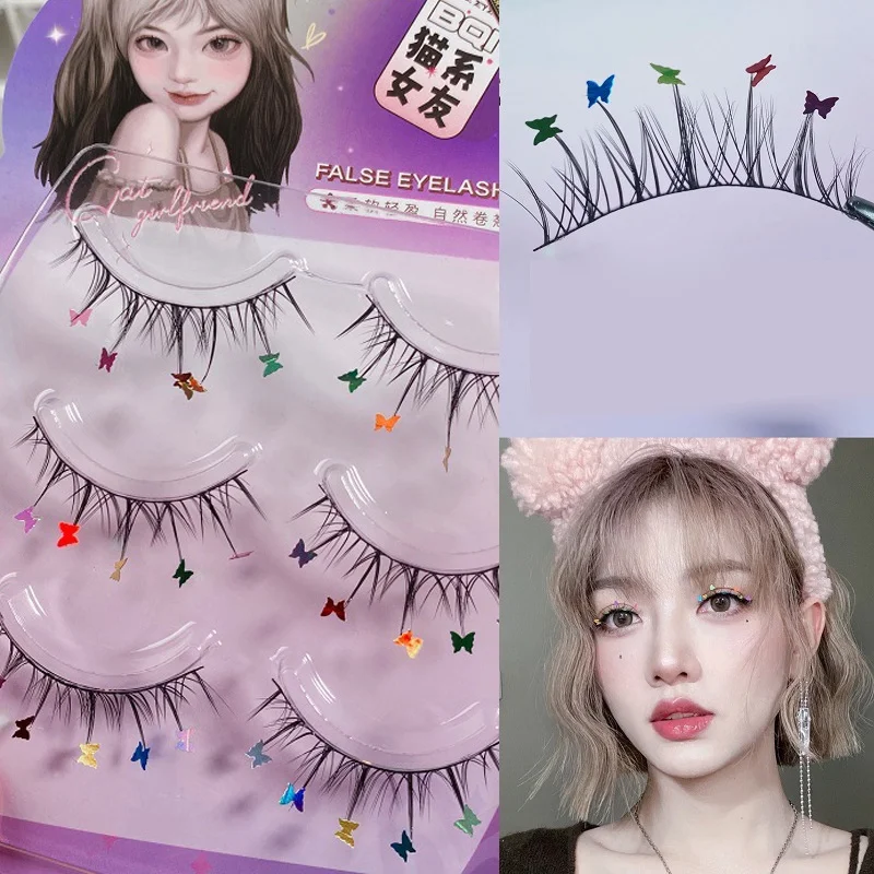 3 คู่เพิร์ลผีเสื้อ Rhinestone เลื่อมขนตาปลอม Full Strip ธรรมชาติการ์ตูน Fairy ขนตาปลอมอุปกรณ์แต่งหน้า