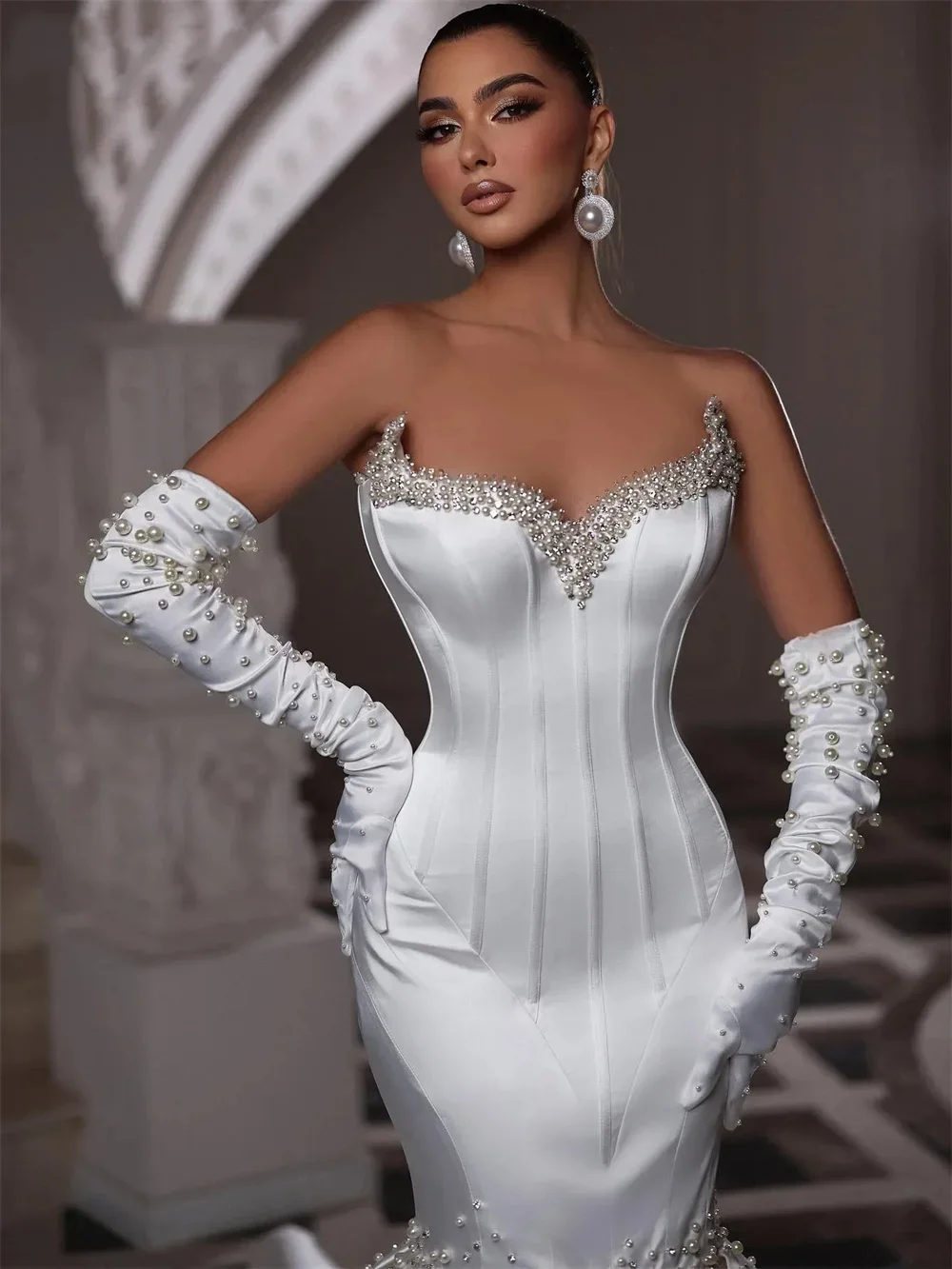 customized Sexy Mermaid Wedding Dress Charming Sleeveless Formal Pearl Bridal Dresses Vestido Novia amanda novias official