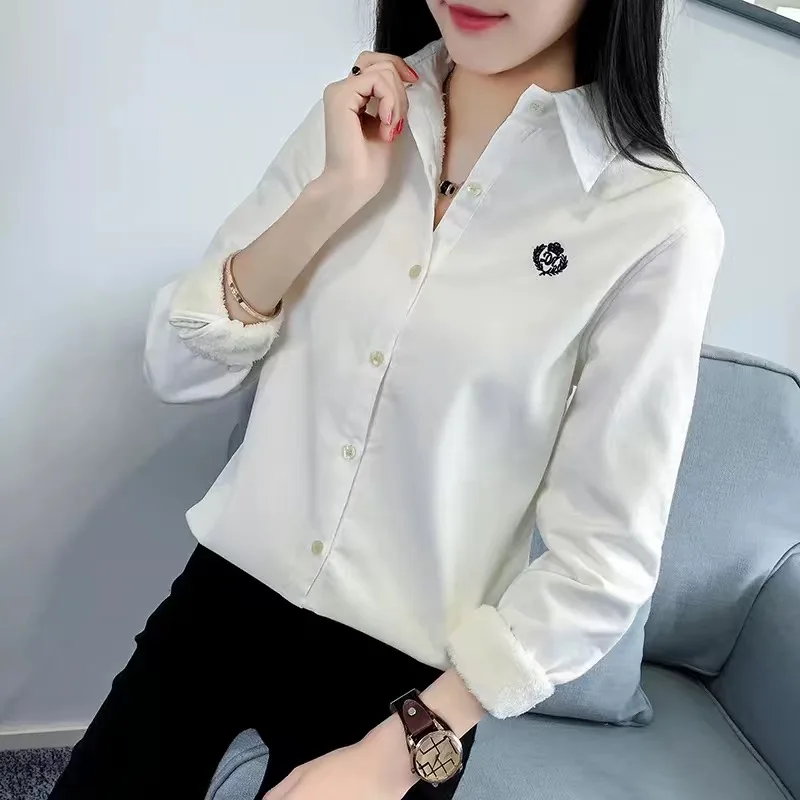 Very Thick Women Winter Style Blouses Shirts Lady Casual Long Sleeve Turn-down Collar Velvet Blusas Tops DF3161