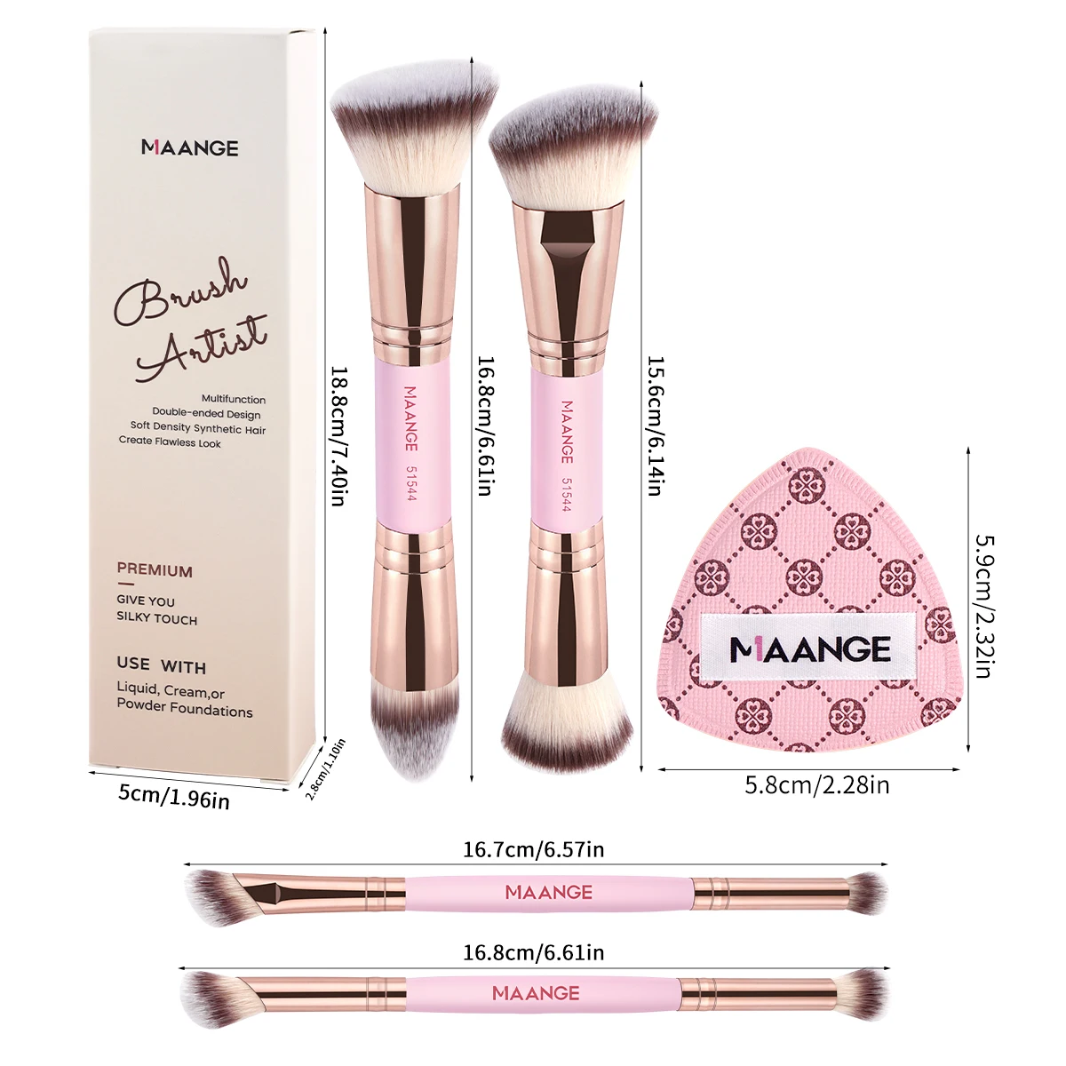 MAANGE 6pcs Makeup Tool Kit 4pcs Double Head Foundation Concealers Blush Eyeshadow Brushes with 2pcs Air Cushion Puffs Gift