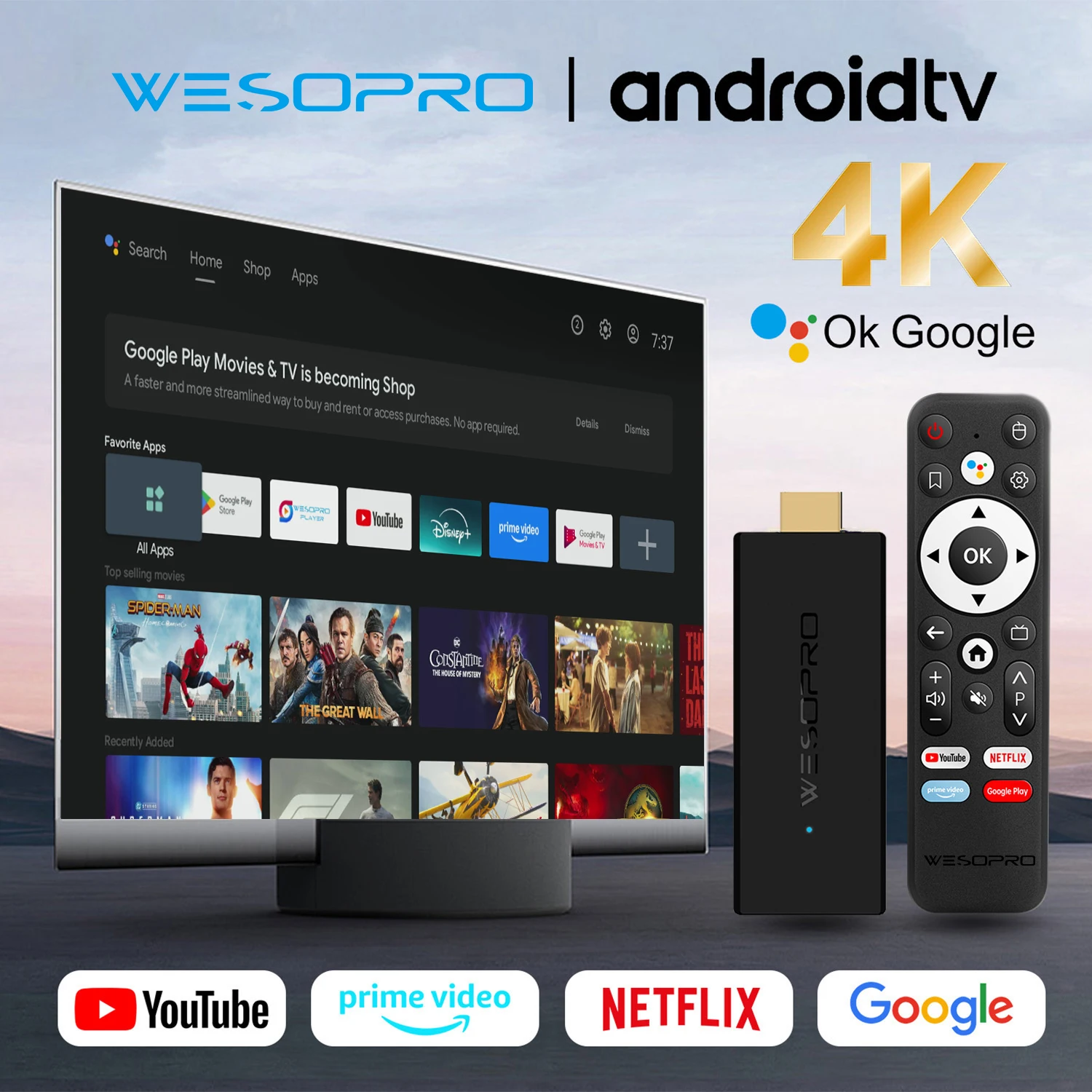 

WESOPRO Android TV Stick G2 MAX IPTV Dongle 4K Потоковое медиаплеер 2 ГБ ОЗУ 16 ГБ ПЗУ Двухдиапазонный Wi-Fi Поддержка 2,4 ГГц и 5,0 ГГц
