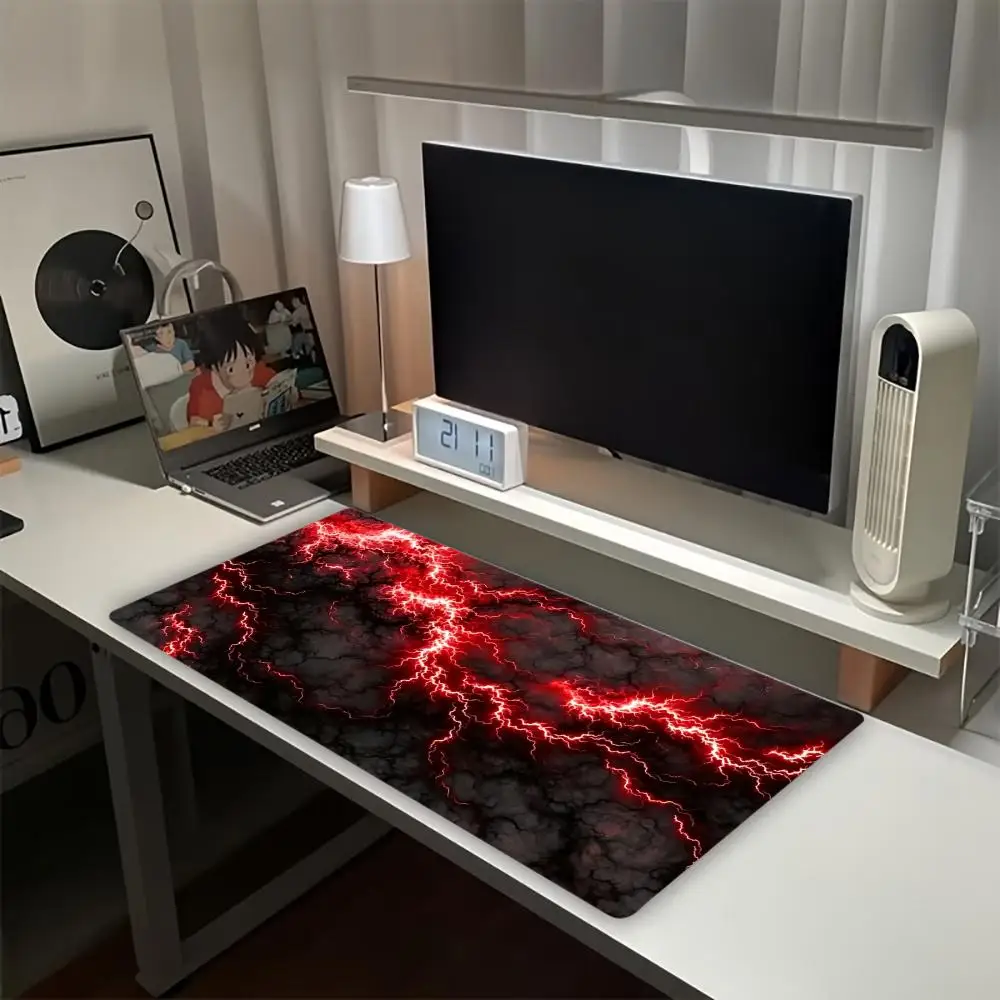 Red Lightning Storm Print Gaming Mouse Pad Large Desk Mat Anti-Slip Rubber Base Stitched Edge Keyboard Mat For Laptop