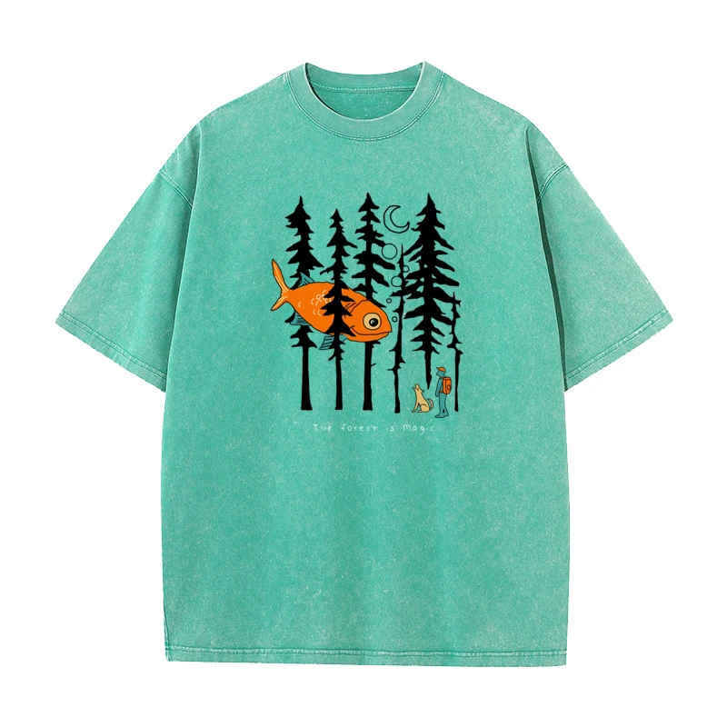 Forest is Magic Crazy Autumn Pure Cotton Crewneck Mens Tees Graphic Washed Tops T Shirt Cute Short Sleeve vintage T Shirt