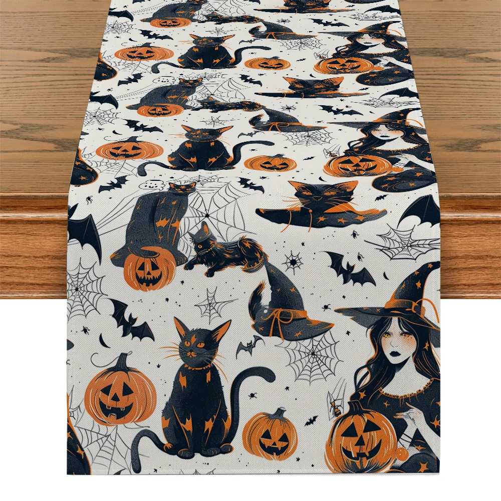 Halloween Black Cat Woman Bat Spider Web Table Runners Washable Dresser Dining Coffee Table Runner Wedding Holiday Party Decor