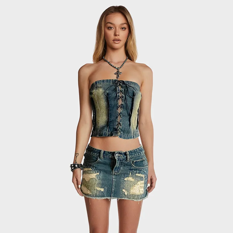 

Washed And DistresseD Wrapped Chest Strap ExposEd Navel Corset+high Waisted Brushed Ultra Short Skirt Sexy Spicy Girl Denim Set