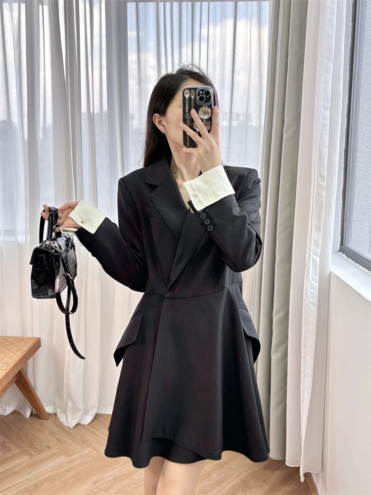 New 2024 High Quality Women Notched Long Sleeve Short Dress A-Line Elegant High Street Chic Stunning Fashion Design Lady MX