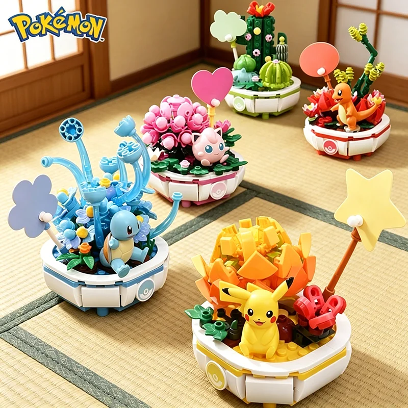 New Pokemon Building Block Toy Pikachu Charmander Squirtle Model Desktop Decoration Plant Potted Flower Brick Puzzle Toy Gift