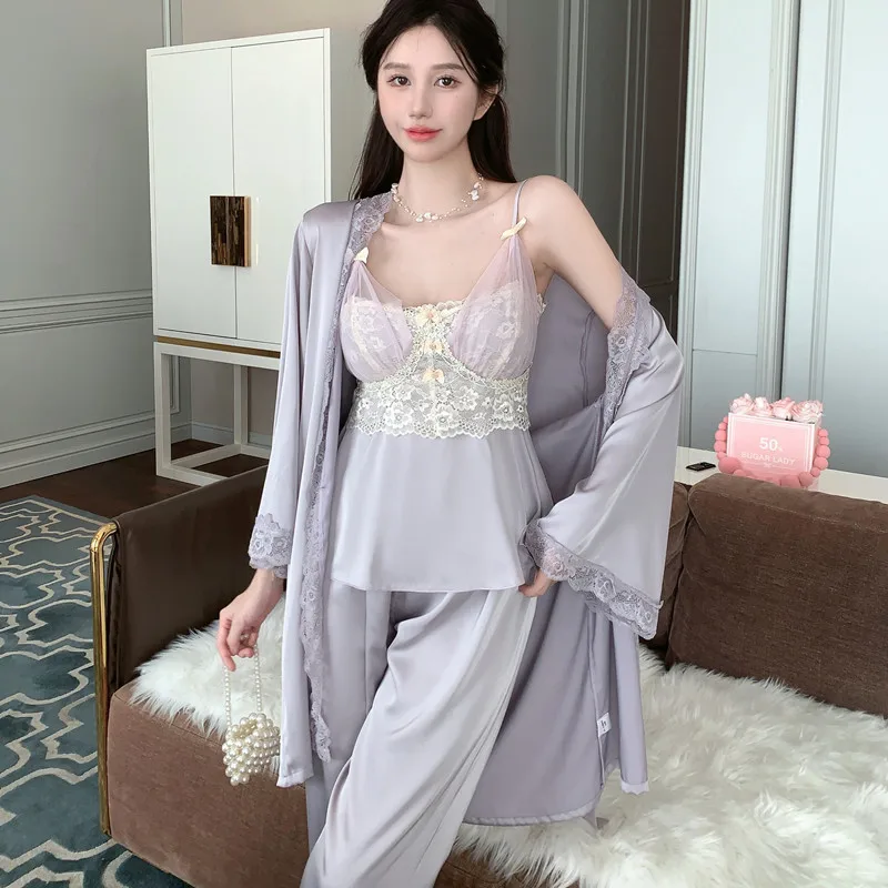 

Lace Women Pajamas Set Lingerie Spring Autumn Mesh Pijamas Suit Loungewear Casual Court Style Lady Sleepwear Rayon Home Clothes