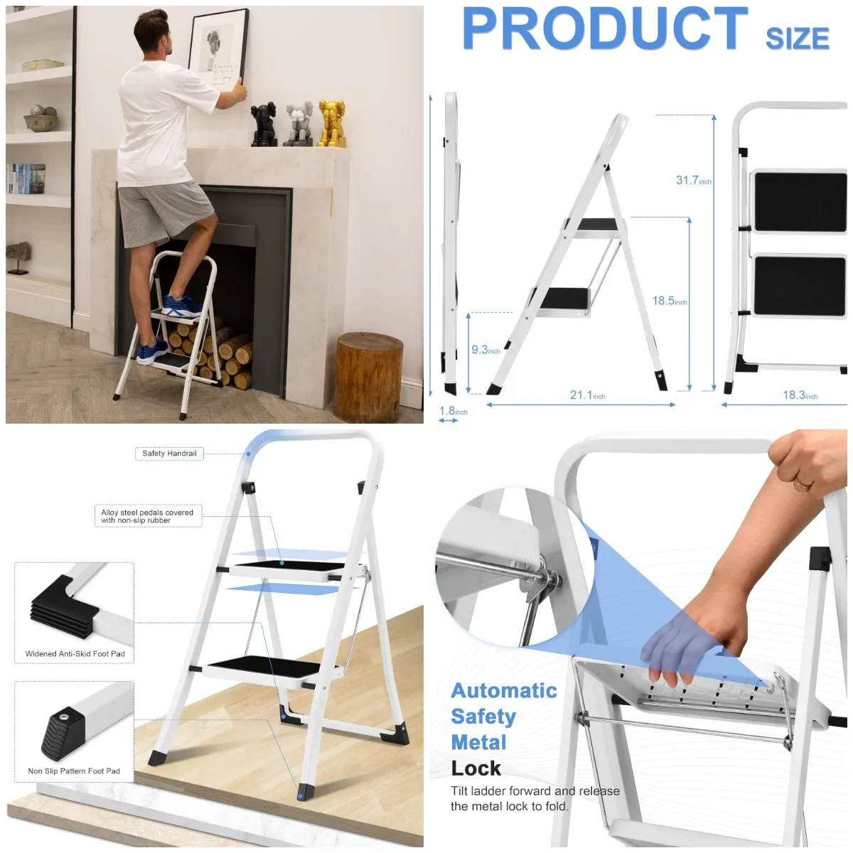 

2 Step Folding Ladder with Anti-Slip Pedals, Lightweight, 330 lbs Capacity, White