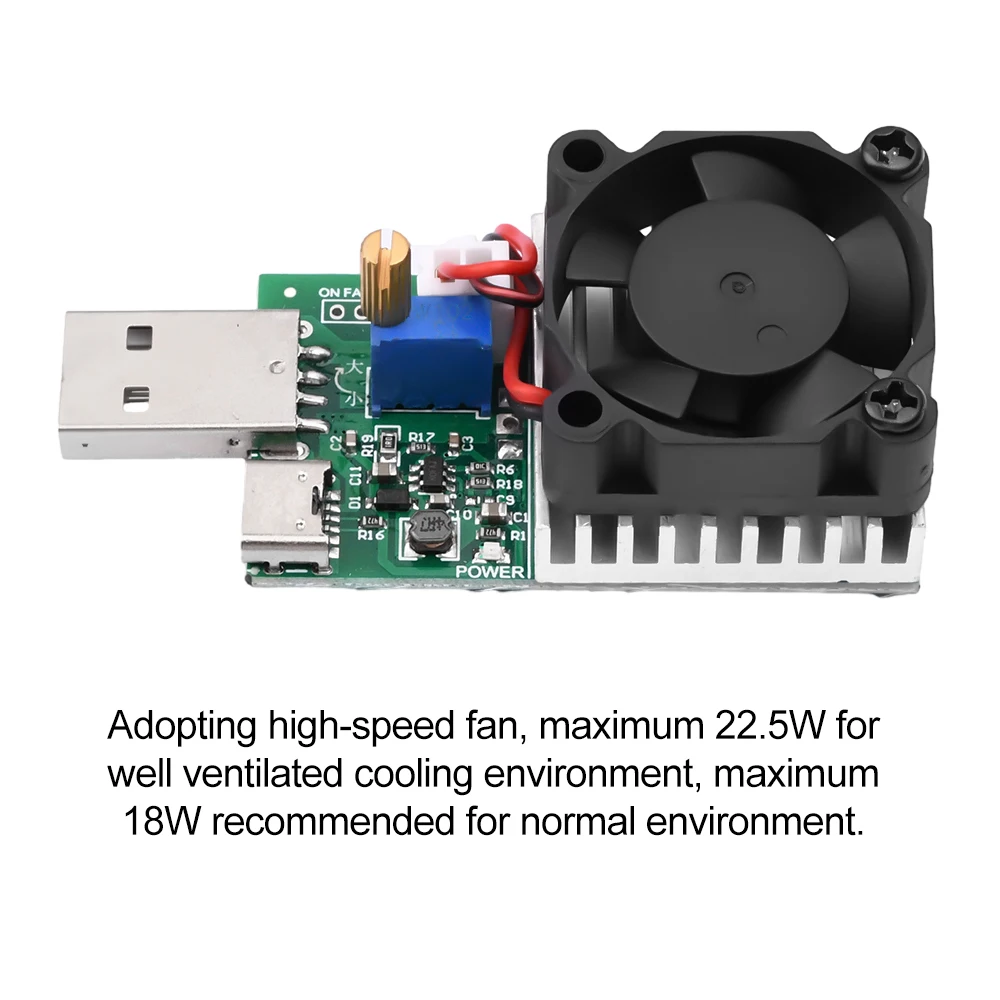 18W/22.5W 3.7V~13V Electronic Load Power Discharge Tester USB/Type-C 0.15A~3A Adjustable Resistor Test Module with Cooling Fan