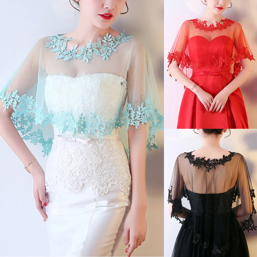 Fashion Elegant Lace Short Sleeve Shrug Bridal Wedding Red Black Cape Summer Casual Shawl Evening Dress Shawl Women Warps Scarf