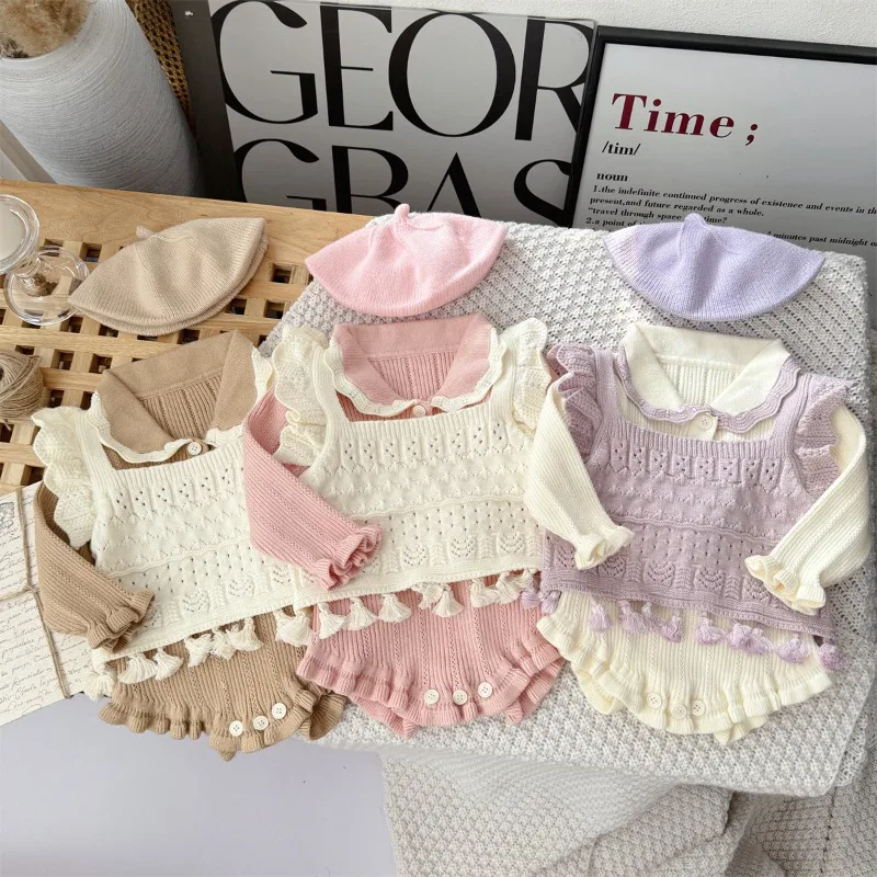 ZOETOPKID Autumn Baby Girl Knitted Clothing 2pcs Set Toddler Baby Girl Long Sleeves Romper and Tassel Tank Top Sweater