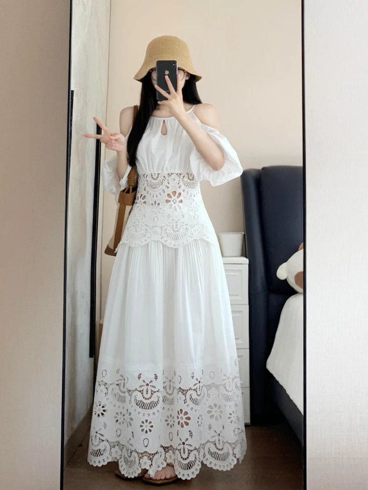 

White Hollow out Shoulder Top And Hollow out Skirt Set Summer Vacation Style Women's High Waist Long Skirt Comfortable Fashio...