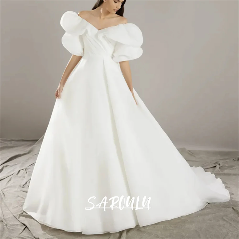 

Haute Couture Women's Simple Wedding Dress with Off the Shoulder Sleeves, Ruched Shoulder A Line Long Bride Dresses Customized