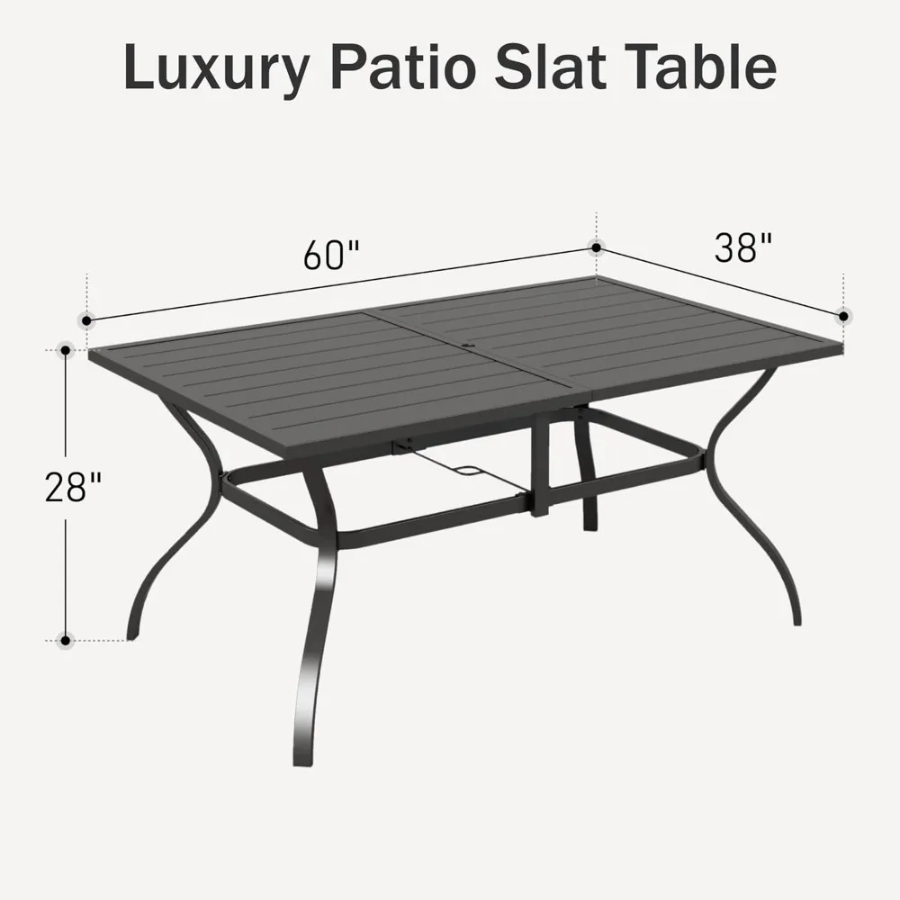 Table à manger d'extérieur pour table rectangulaire longue en fer forgé en métal de 6,60 avec trou pour parasol, grands meubles toutes saisons pour patio