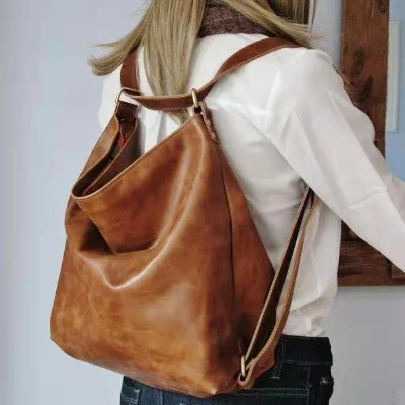 

Retro Backpack for Women Vintage Brown Oil Waxed Leather Crossbody Bag Leisure Design Multi-functional Ladies Shoulder Bag