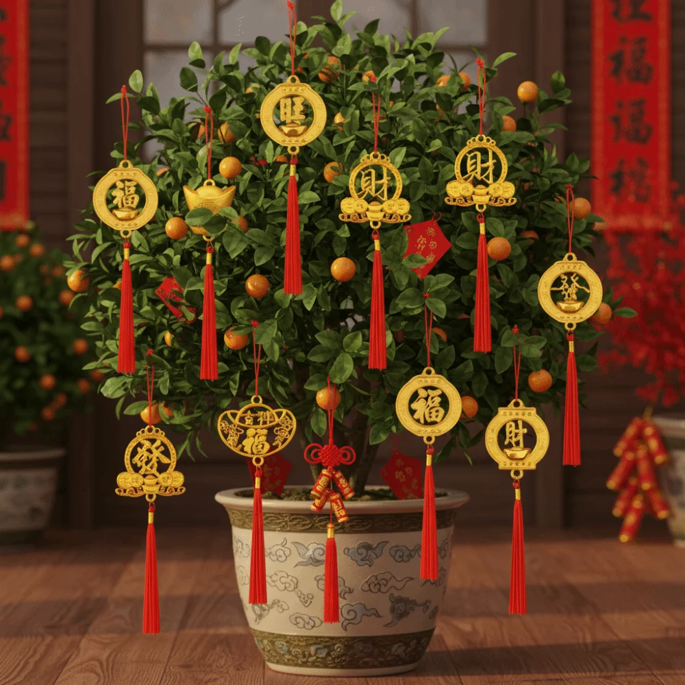 6/10 قطعة الذهب السنة الصينية الجديدة قلادة مقاوم للماء حسن الحظ مهرجان الربيع بونساي قلادة الثروة مع شرابة #1