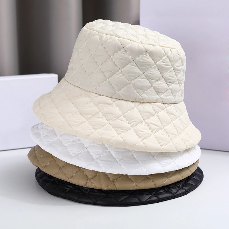 New Autumn Winter Black Bucket Hat For Women Vintage Plaid Bucket Cap Panama Outdoor Ultra Light Down Cotton Fisherman Hat