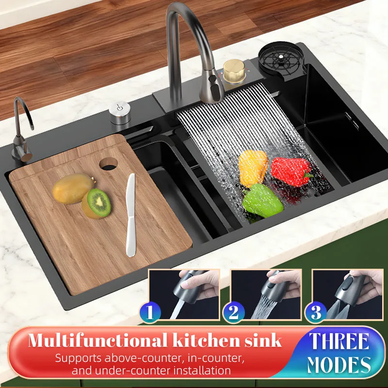 

Side drain outlet Large Single Slot Waterfall Kitchen Sink 304 Stainless Steel Thickened Household vegetable washing basin