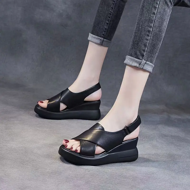 صيف جديد شريط مرن جلد ناعم إسفين كعب الصنادل النساء منصات فم السمكة الأحذية الإناث #5