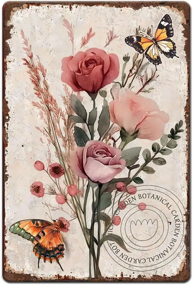 1pc Vintage Metal Tin Signs  Retro Iron Pink Flower Sign Rusty Look Botanical Garden Flower Tin Poster for Home Country Farmhous