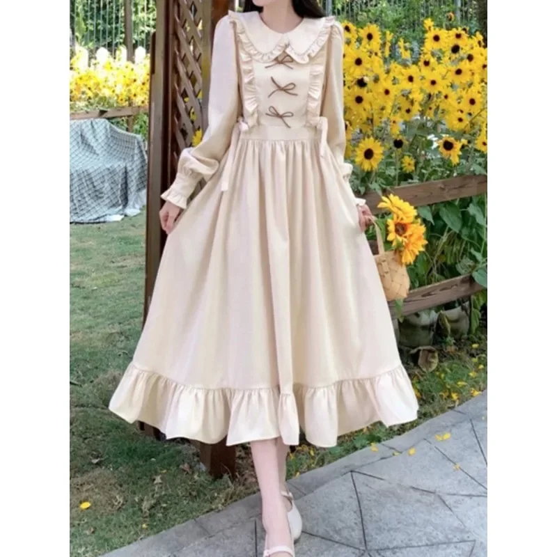 

2024 Vintage Preppy Style Dress Women Elegant Korean Fashion Ruffles Patchwork Bow Spring Long Sleeve Dresses Loose