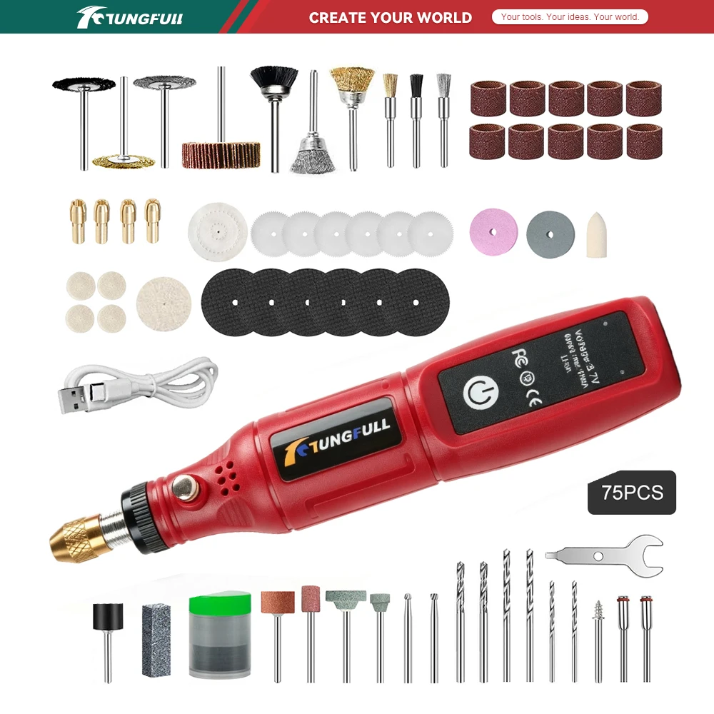 Outil rotatif sans fil TUNGFULL 3.7V, rechargeable par USB, mini stylo de gravure, perceuse électrique à vitesse unique pour le polissage de bijoux et d'artisanat