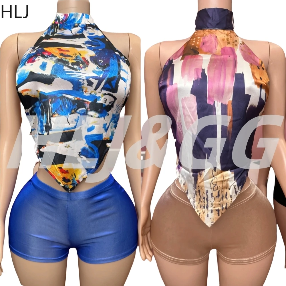 HLJ Sexy Color Printing Woman 2 Piece Set Outfit Halter Sleeveless Backless Crop Top and Shorts Matching Suit Female Streetwear