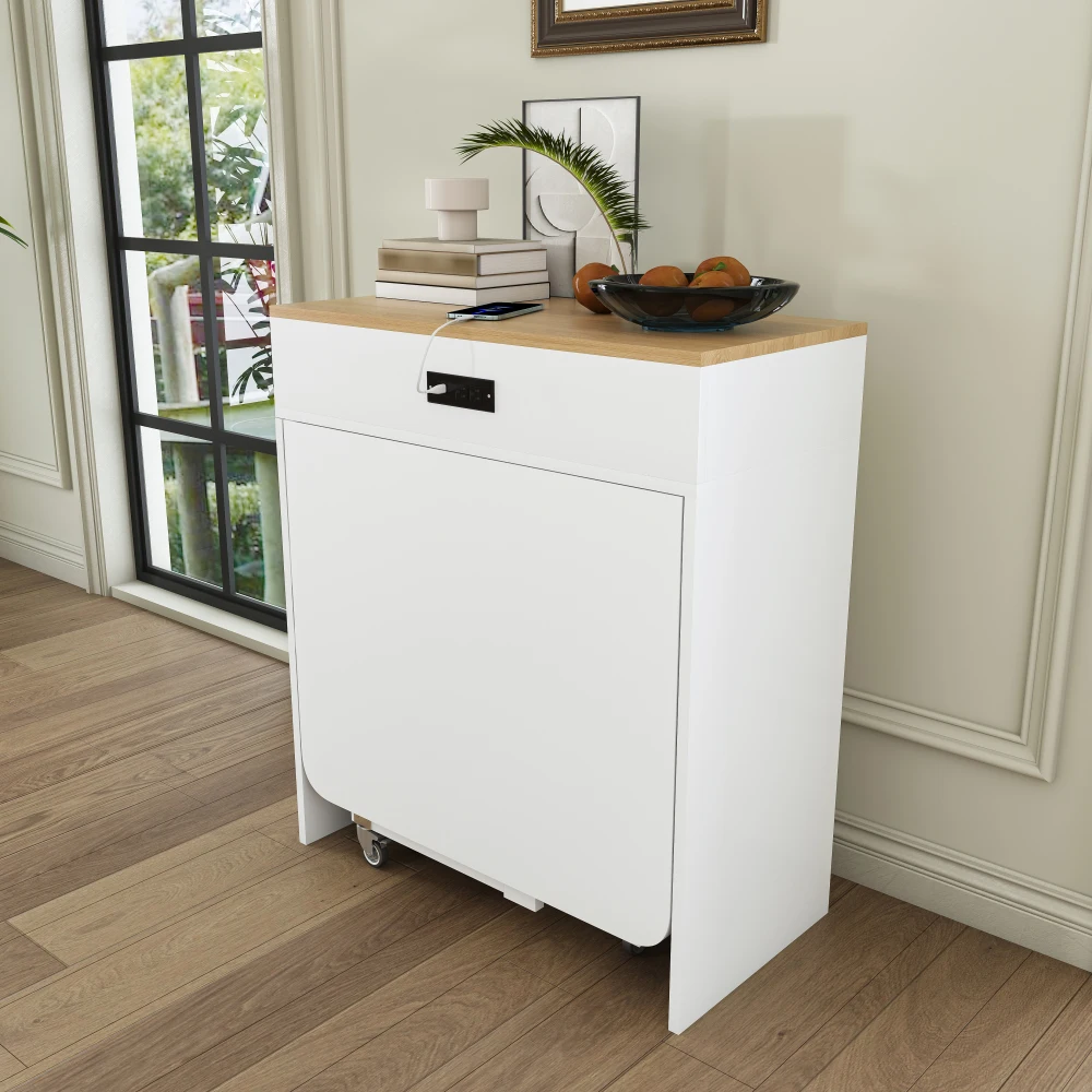 Orraves 74-inch Extendable Dining Table, Equipped with Power Socket, Lockable Casters and Small Space Storage Cabinet, with a Pull-out Tabletop Kitchen Island, and Imitation Marble Surface (White)