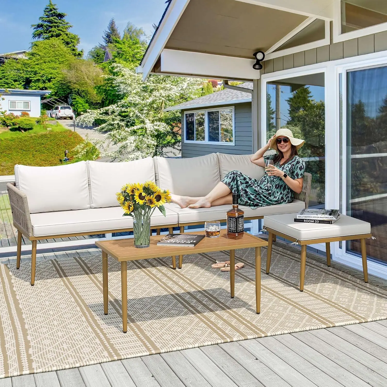 6 Pieces Patio Furniture Set with Coffee Table & Washable Cushions, Wicker Rattan Conversation Sectional Set for, Customized