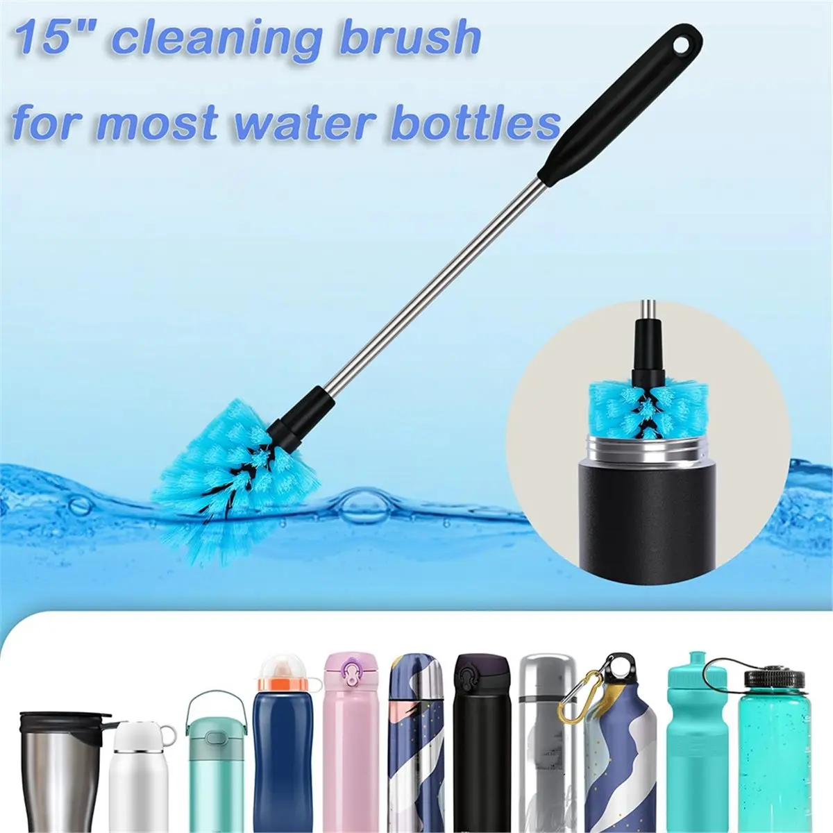 [Promotions]2-in-1 Stainless Steel Brush, Long Handled Water Bottle Brush Multi-Purpose Cleaning Tool Removable Brush Heads view 6
