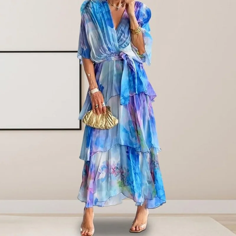 Vestido boho azul com babados – vestido maxi estampado com manga borboleta em camadas soltas para mulheres, férias na praia, roupa de verão