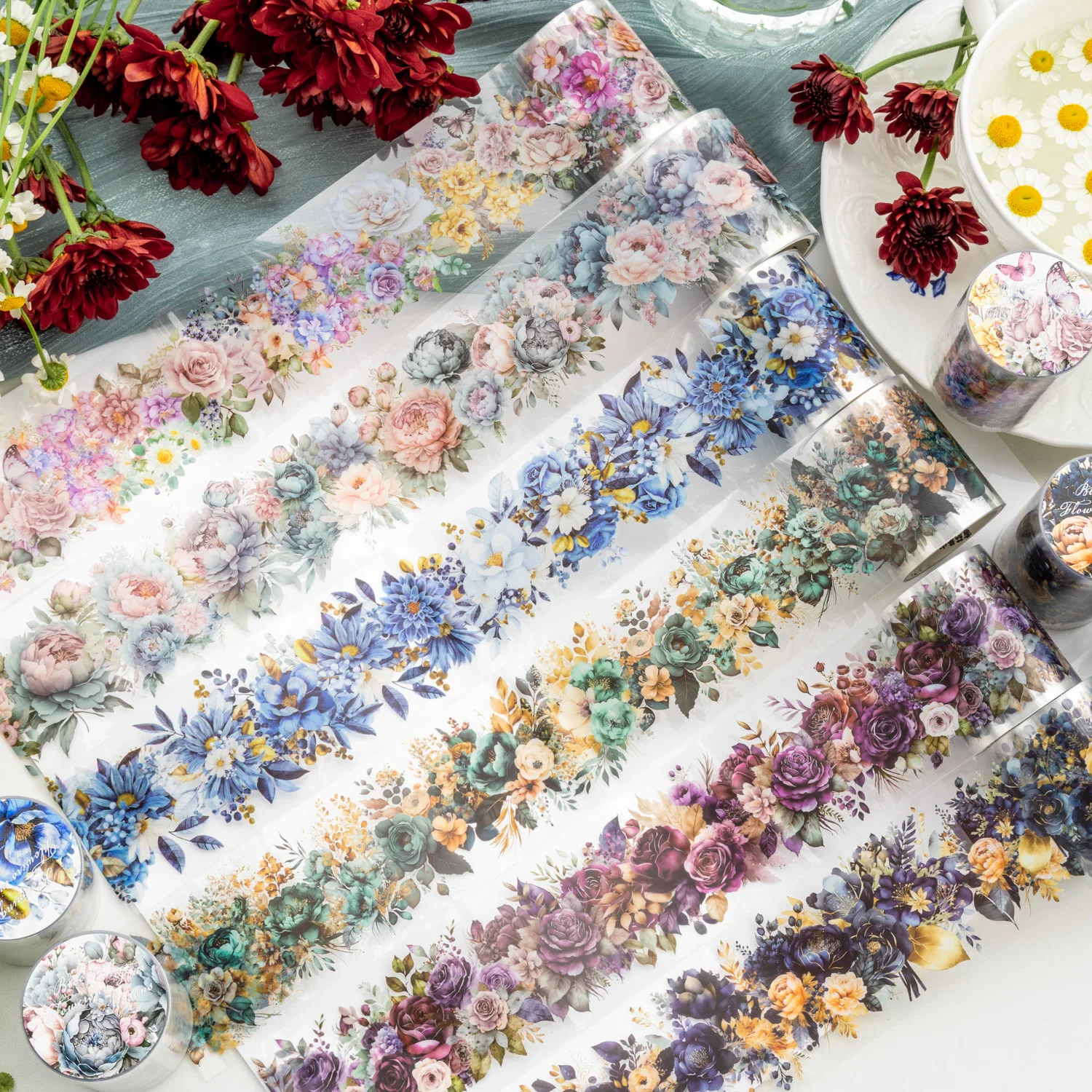 50mm*200cm Blooming All Season Series Vintage Plant Flower Landscaping PET Tape Creative DIY Journal Material Collage Stationery