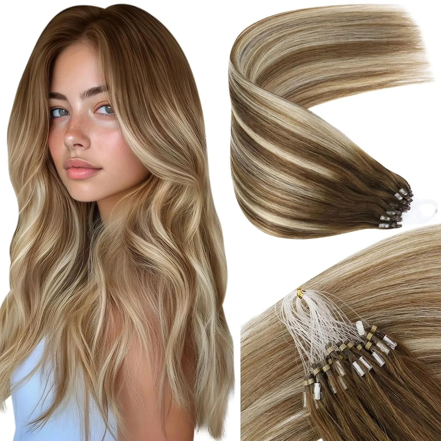 

VeSunny Micro Ring Hair Extensions Real Human Hair Silky Straight Remy Micro Beads Hair Extensions Salon Quality Balayage Hair