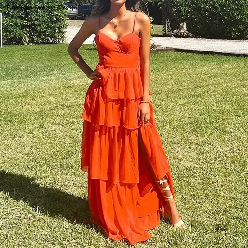 

Orange Tulle A-line Long Bridesmaid Dresses Tiered Slit Women V-neck 2025 Wedding Guest Dress Spaghetti Straps Prom Party Gown