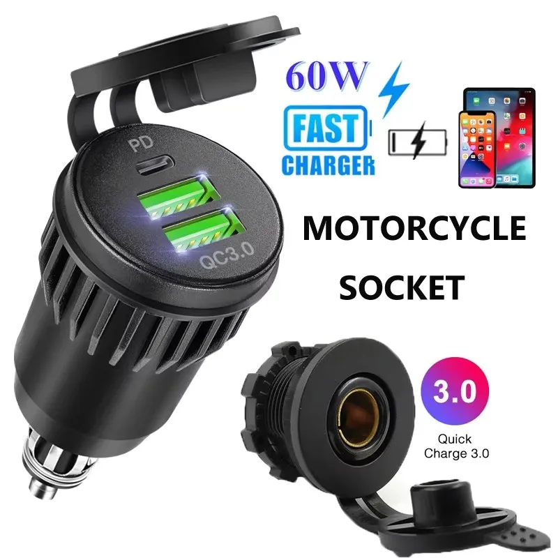 Motorcycle outlet Dual QC 3.0 3 USB Fast Car Charger Socket 12V/24V waterproof Auto Car Quckly Charge Adapter Power Outlet
