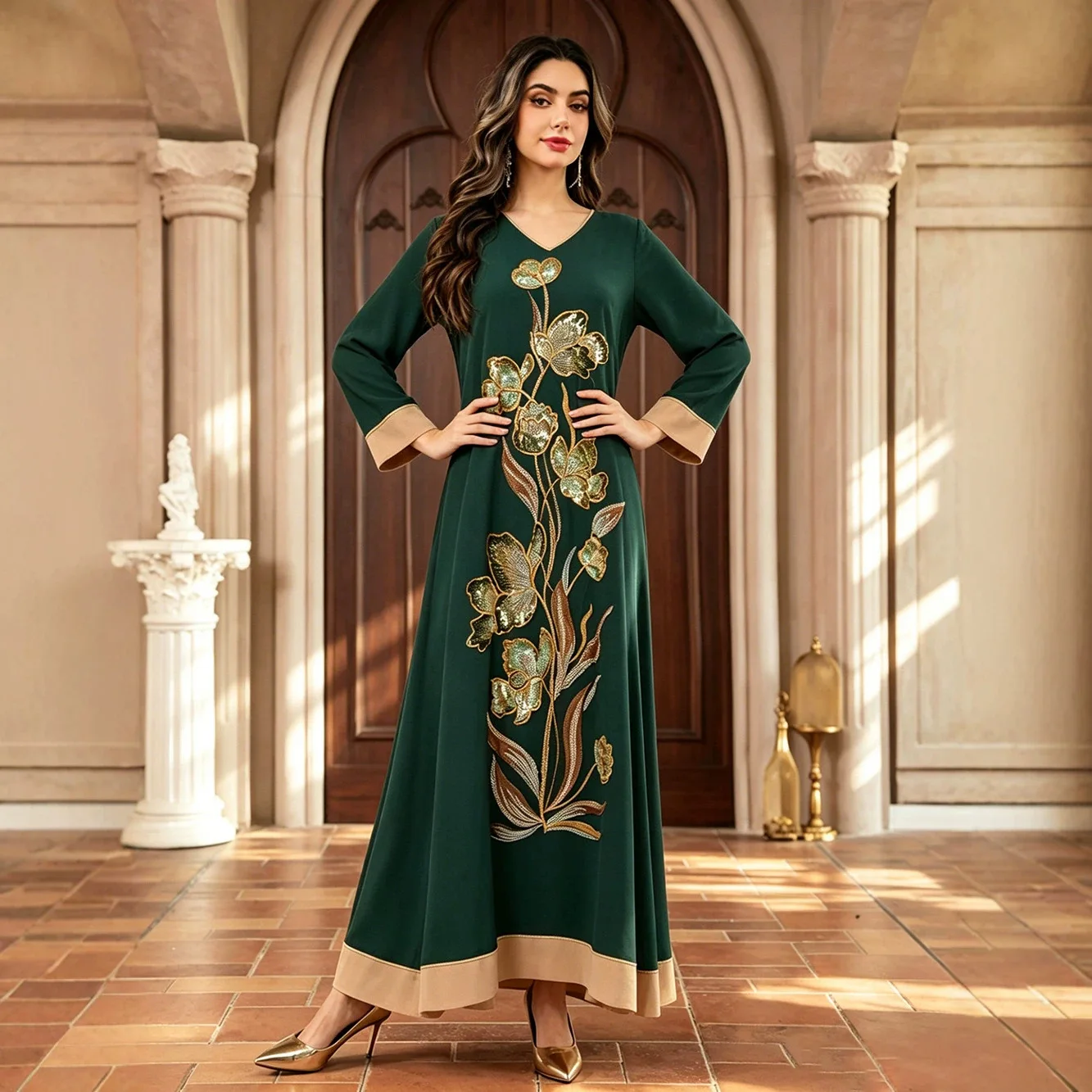 Jalabiya for Women Arabian Turkey Muslim Women V-neck Patchwork Loose Casual Trendy Simple Daily Ceremonial Abaya Dress Clothes