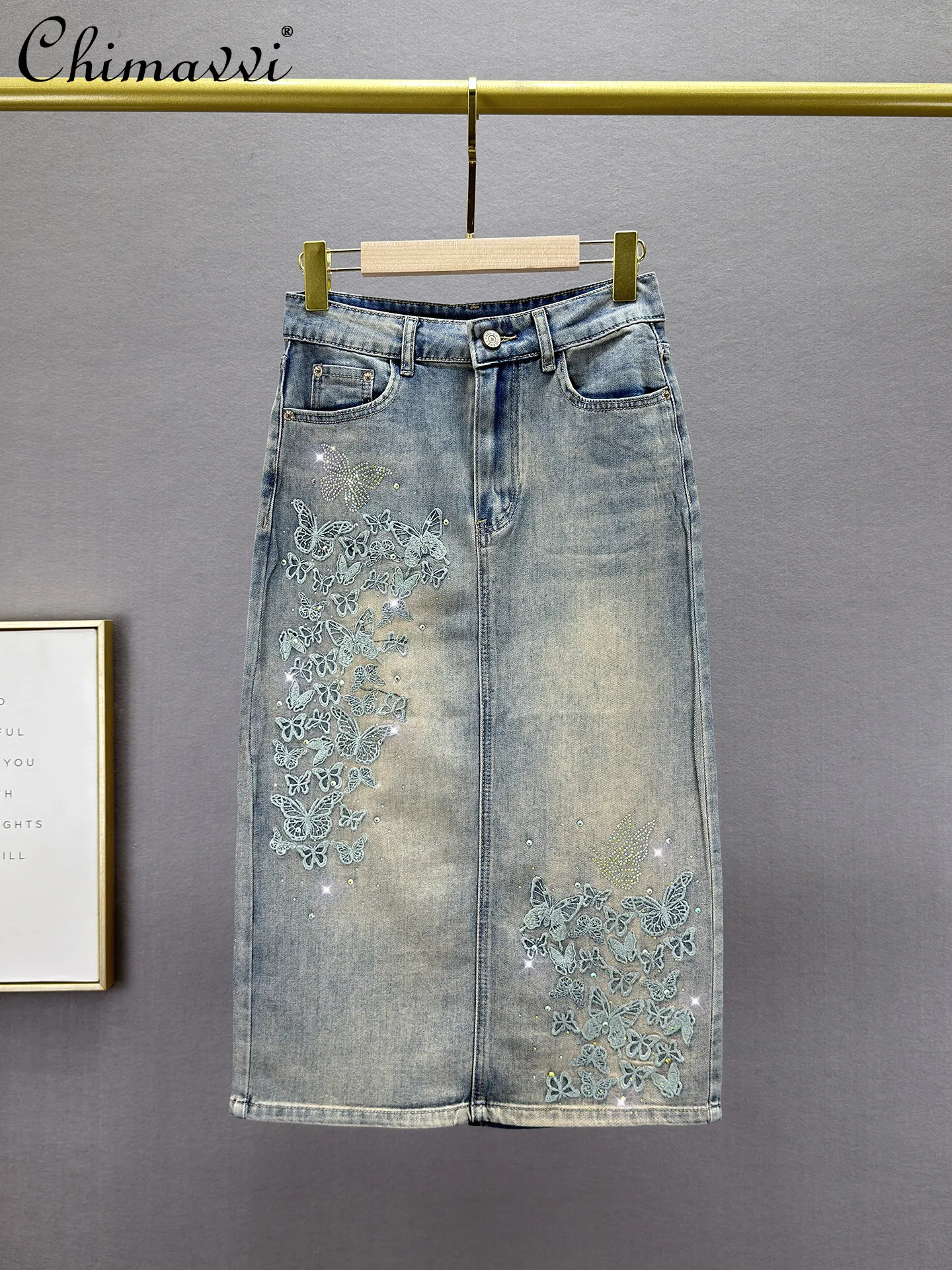 

Embroidered Hotfix Rhinestone Denim Midi Skirt Women's Spring Summer New Fashion Stretch High-waisted Slim Retro Bodycon Skirt