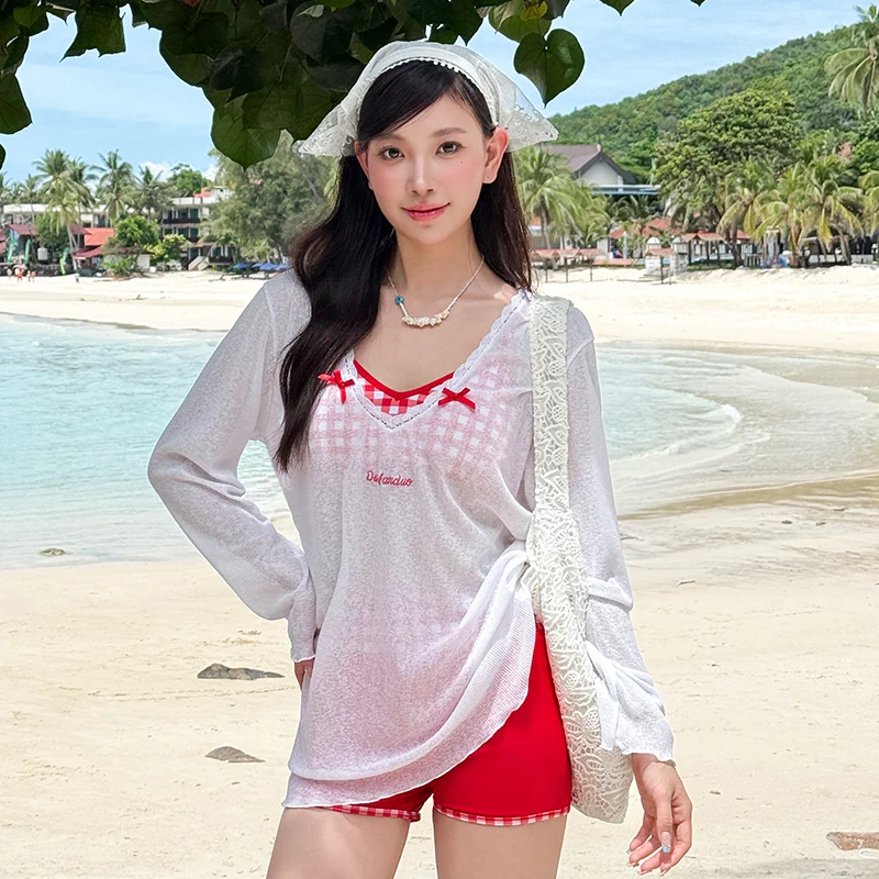 New Plaid Big Size Bikinis Sets Women's Swimsuit with Cover Ups Top Swimwear Padded 3 Pieces Bathing Suits with Bottoms Outfits