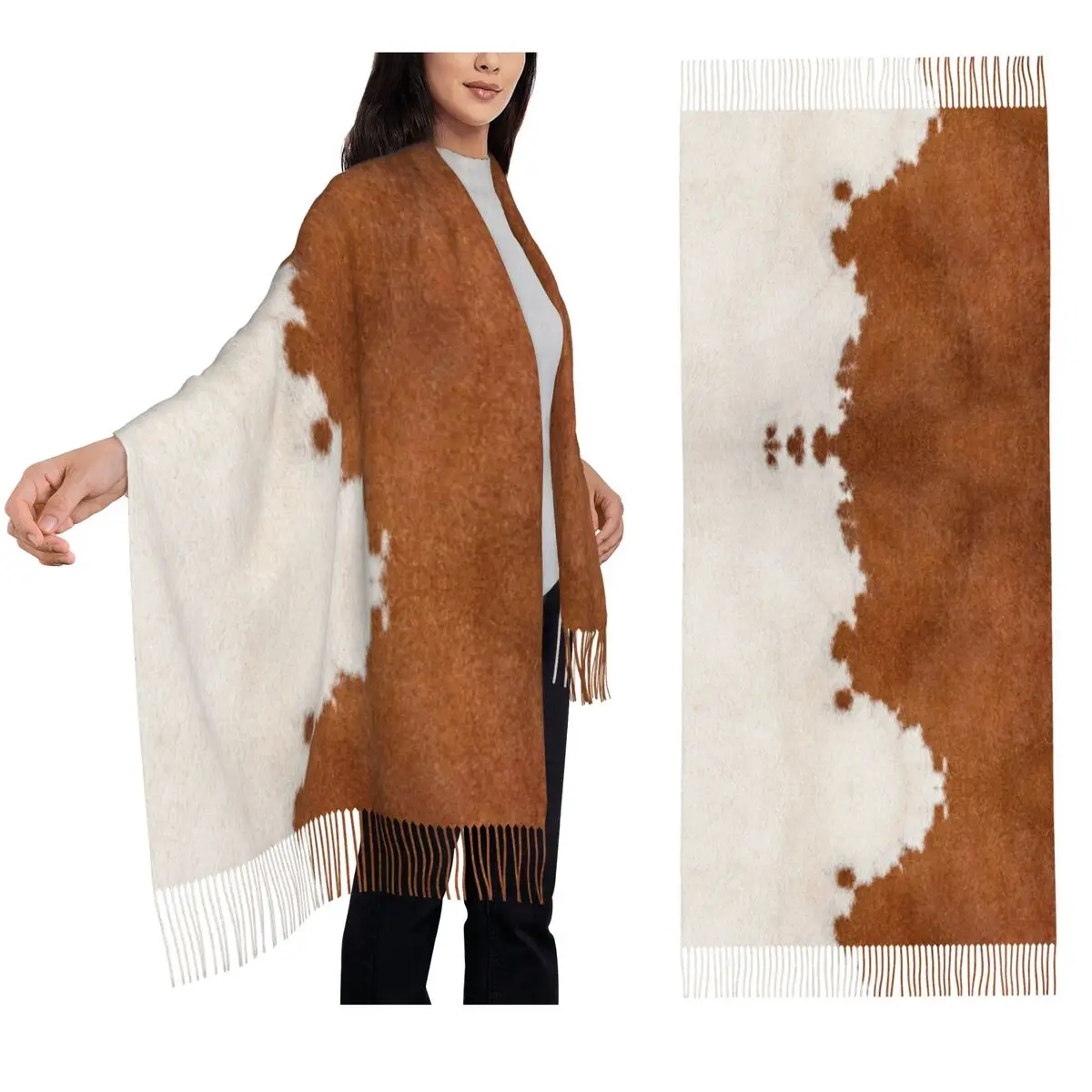 Selendang Bulu Sapi Tekstur Kulit Sapi Motif Kulit Sapi dengan Rumbai untuk Wanita, Selendang Lembut dan Hangat, Selendang Panjang untuk Musim Gugur dan Musim Dingin