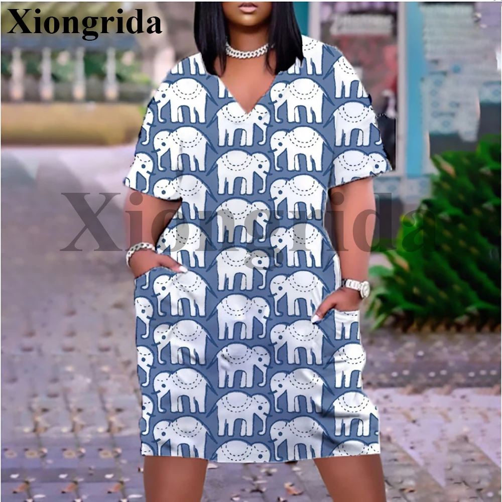 Robe graphique d'éléphant avec poche pour femmes, mode Animal imprimé en 3D, chemise à manches courtes, t-shirts longs décontractés, robe de plage ample, nouvelle collection