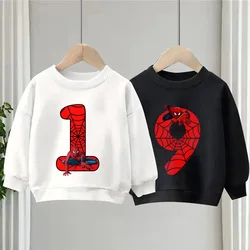 Spiderman Children Sweatshirts Super Hero Birthday Number 1-9 Marvels Clothes Kawaii Cartoons Pullover Girl Boy Kid Sportswear