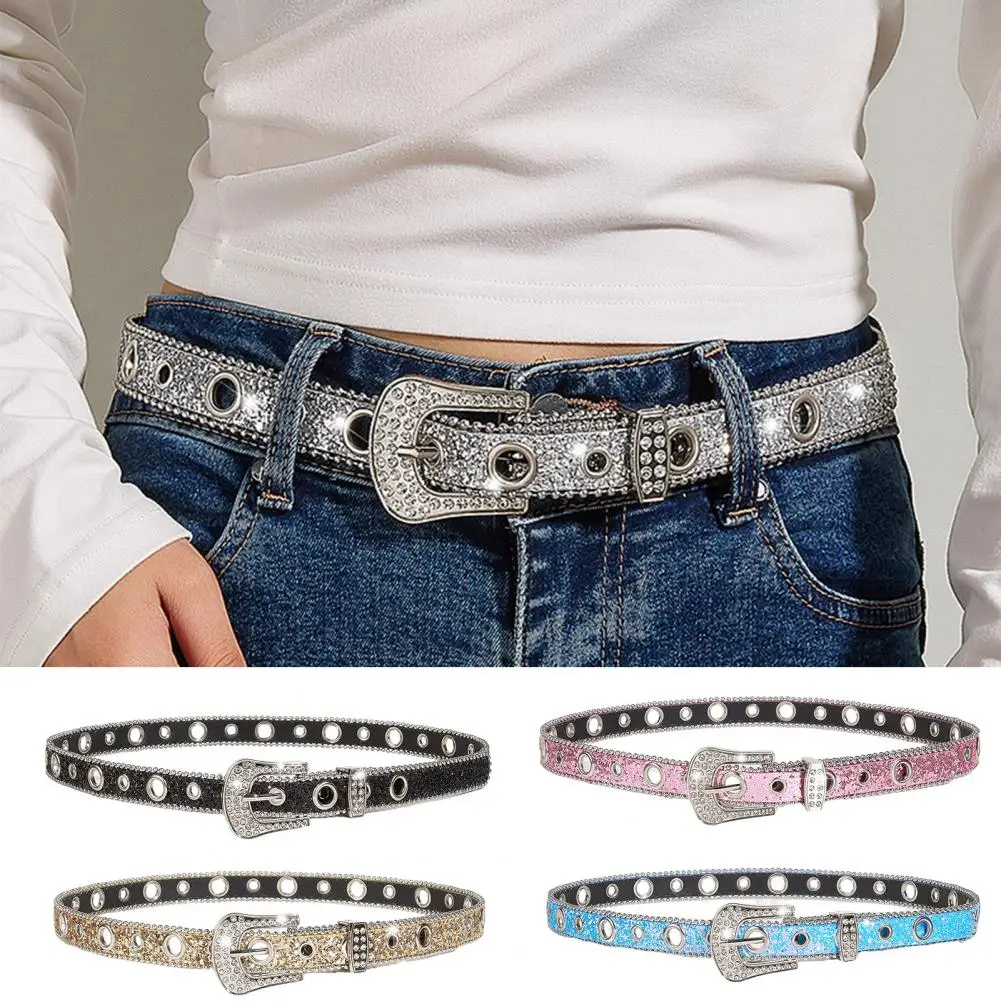 Women Belt  Buckle Closure   Jeans Belt Rhinestone Studded Faux Leather Belt