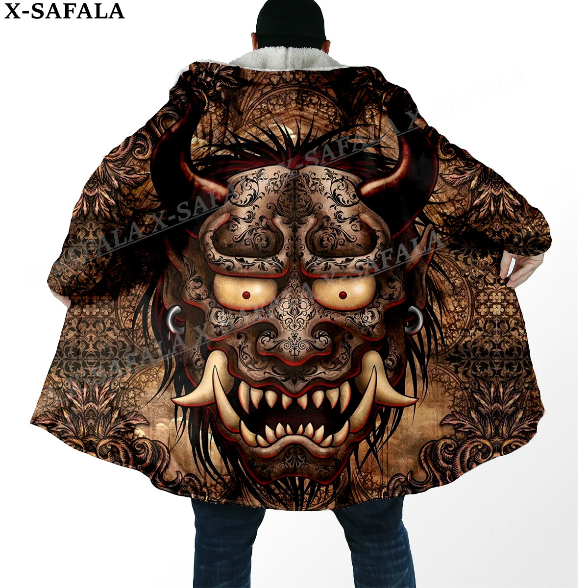 Japanese Art Samurai Mask Tattoo  Print Thick Warm Hooded Cloak Men Overcoat Coat Windproof Fleece Cape Robe Hooded Blanket-3