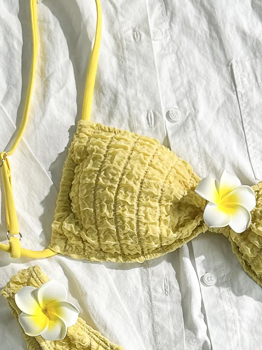 Damski strój kąpielowy bikini 3D z kwiatowym wzorem, marszczony, dwuczęściowy, brazylijski kostium kąpielowy, strój plażowy.