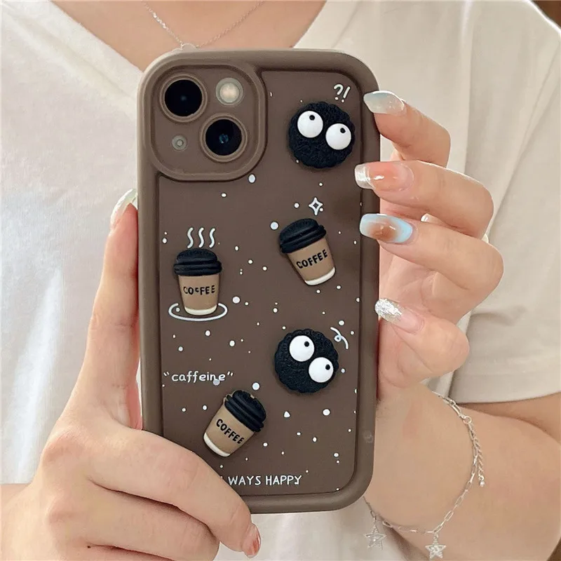 Ottwn Fun 3D Coal Ball Coffee Silicone Phone Case For iPhone 11 13 12 14 15 Pro Max 7 8 14 Plus X XR XS Max Korean Cartoon Cover